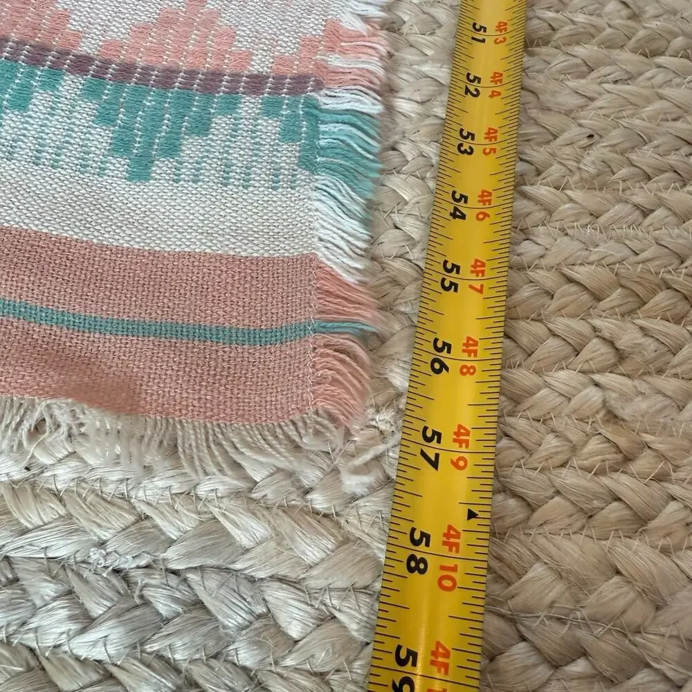 Tablecloth Napkin Set 84”x57” Aztec Striped Peach Aqua Mid Century Fringe